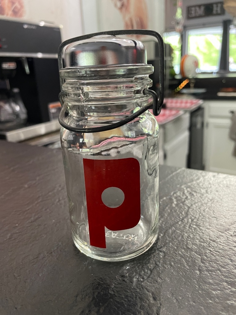 Wheaton Glass Jar with Red 'P' Graphic and Metal Clamp Lid